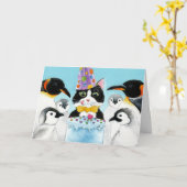 Cat, Penguins, Cake Birthday Card Kaart (Gele Bloem)