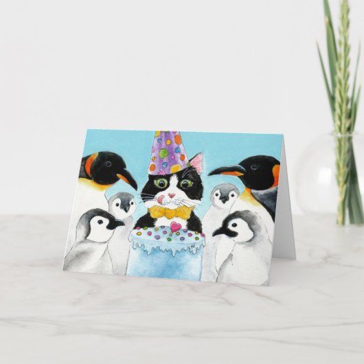 Cat, Penguins, Cake Birthday Card Kaart (Voorkant)