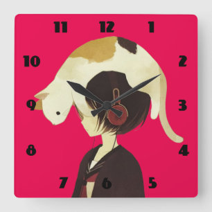 CAT-PET - Anime-kind met kat Vierkante Klok