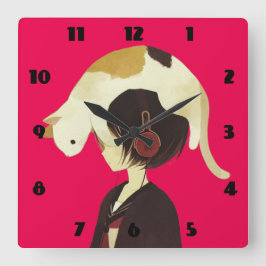 CAT-PET - Anime-kind met kat Vierkante Klok