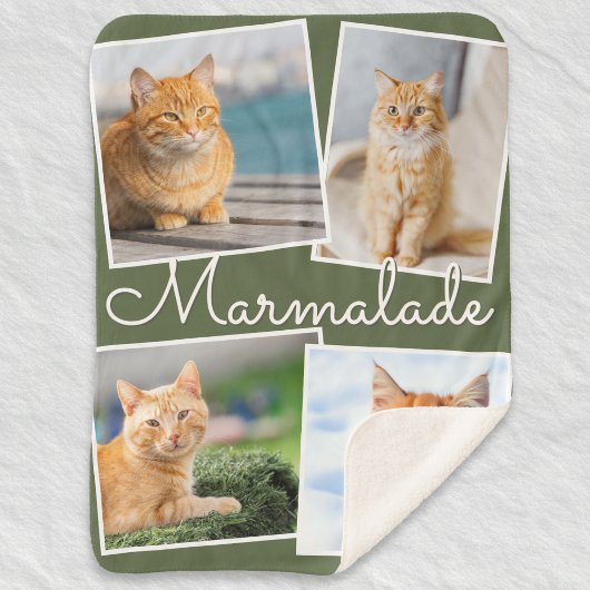Cat Photo Pet Collage Olive Green Personalized Sherpa Deken