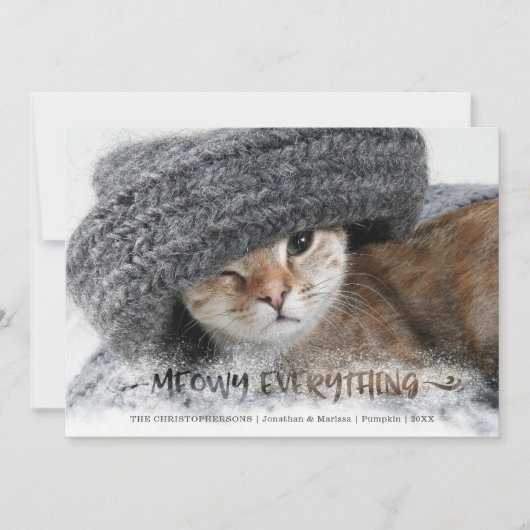 Cat Photo Snowy Brush Script MEOWY ALLES Feestdagenkaart (Voorkant)