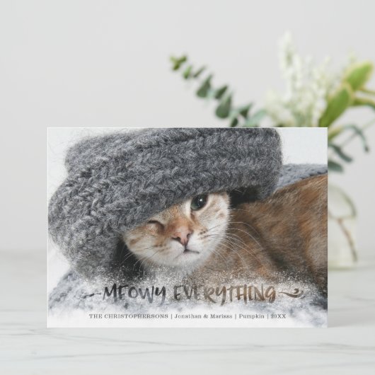 Cat Photo Snowy Brush Script MEOWY ALLES Feestdagenkaart (Staand voorkant)