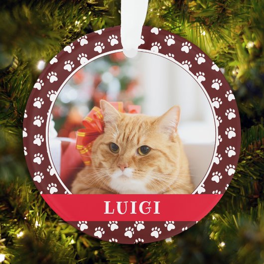 Cat Photo with Paw Print Pattern with Name Ornament