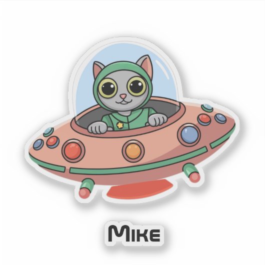 Cat Pilot & UFO ruimteschip, Cool Outer Space, Gra Sticker (Voorkant)