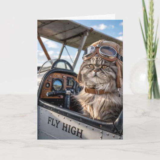 Cat Pilot & Vliegtuig, Cool Funny Aviation Verjaar Kaart (Voorkant)