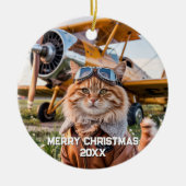 Cat Pilot Vliegtuig Grappige Luchtvaart Foto Kerst Keramisch Ornament (Voorkant)