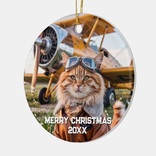 Cat Pilot Vliegtuig Grappige Luchtvaart Foto Kerst Keramisch Ornament (Links)
