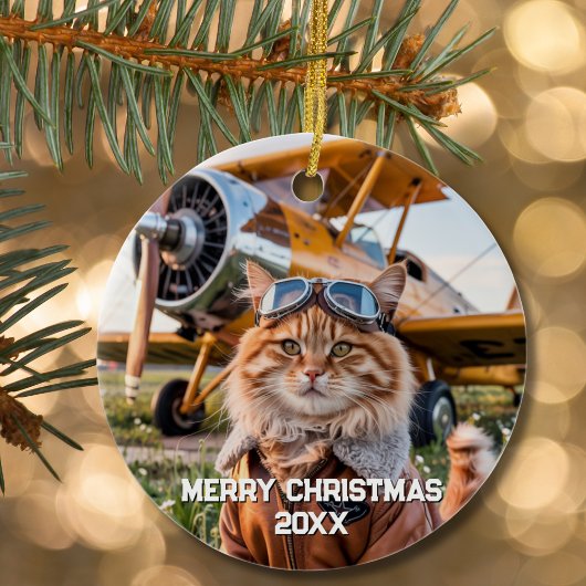 Cat Pilot Vliegtuig Grappige Luchtvaart Foto Kerst Keramisch Ornament