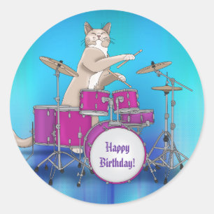 Cat Playing Drums - Blauwe Ronde Sticker