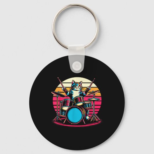 Cat Playing Drums Drummer Novelty Music Lover Funn Sleutelhanger (Voorkant)