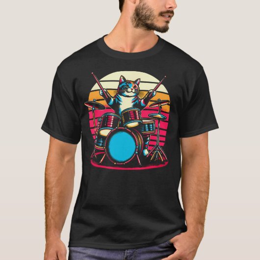 Cat Playing Drums Drummer Novelty Music Lover Funn T-shirt (Voorkant)