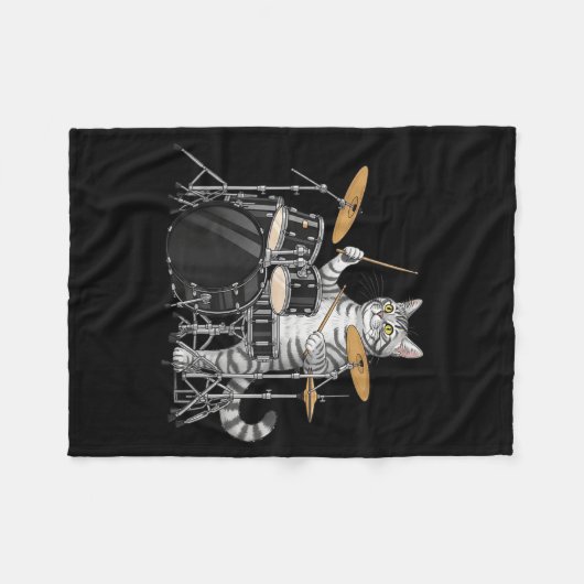 Cat Playing Drums Drumset Drumkit Drumming Drum Dr Fleece Deken (Voorkant (Horizontaal))