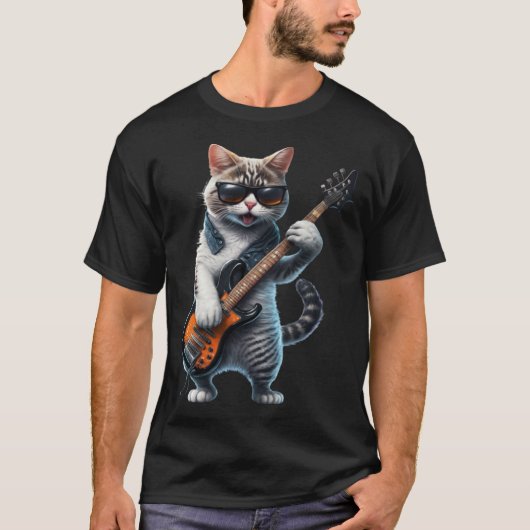 Cat Playing Electric Bass Guitar  Animal Cat  Guit T-shirt (Voorkant)