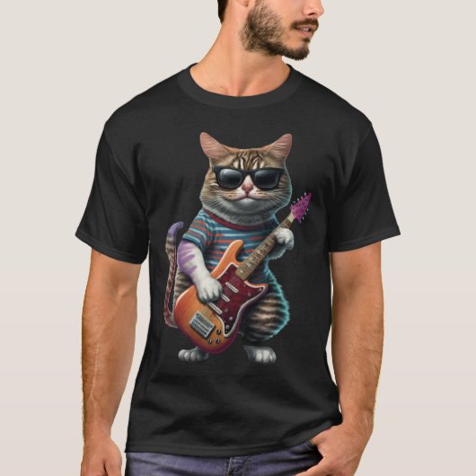 Cat Playing Electric Guitar  Animal Cat  Guitar  1 T-shirt (Voorkant)