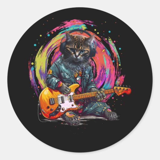 Cat Playing Elektrische Gitaar Rock Heavy Metal Mu Ronde Sticker (Voorkant)