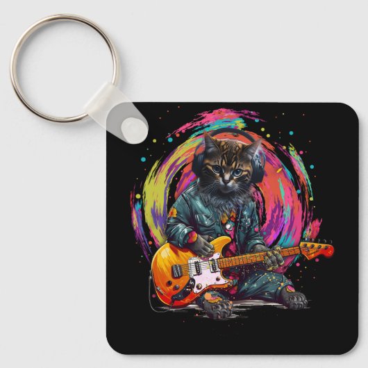Cat Playing Elektrische Gitaar Rock Heavy Metal Mu Sleutelhanger (Voorkant)