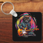 Cat Playing Elektrische Gitaar Rock Heavy Metal Mu Sleutelhanger (Voorkant)