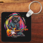 Cat Playing Elektrische Gitaar Rock Heavy Metal Mu Sleutelhanger (Achterkant)
