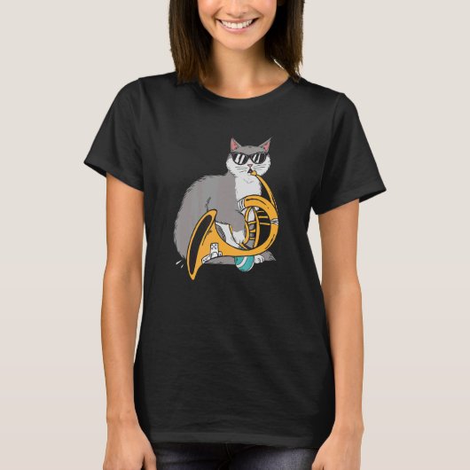 Cat Playing French Horn Playing Music Black Glasse T-shirt (Voorkant)