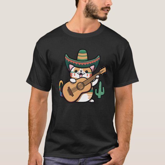 Cat Playing Guitar Cinco De Mayo Cat Sombrero Mexi T-shirt (Voorkant)