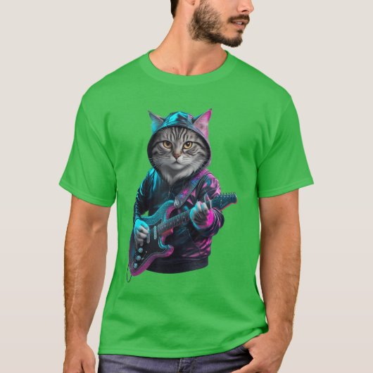 Cat Playing Guitar Rock and Roll Rock Star for Men T-shirt (Voorkant)