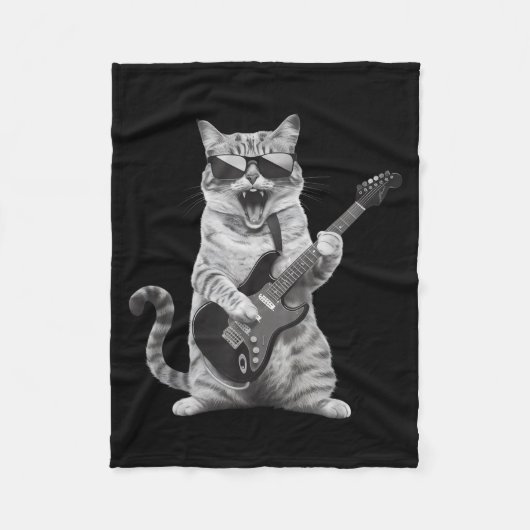 Cat Playing Guitar Rock Star Rock And Roll Men Wom Fleece Deken (Voorkant)