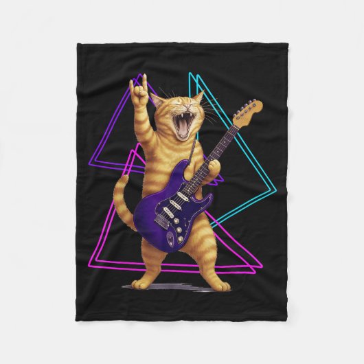 Cat Playing Guitar Rock Star Rock And Roll Men Wom Fleece Deken (Voorkant)