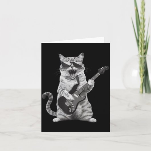 Cat Playing Guitar Rock Star Rock And Roll Men Wom Kaart (Voorkant)