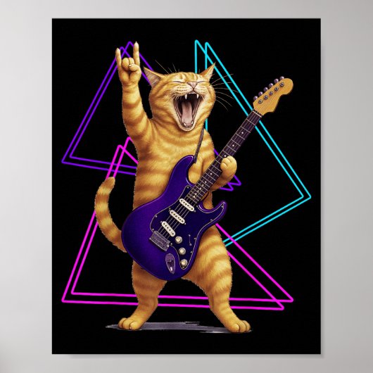 Cat Playing Guitar Rock Star Rock And Roll Men Wom Poster (Voorkant)