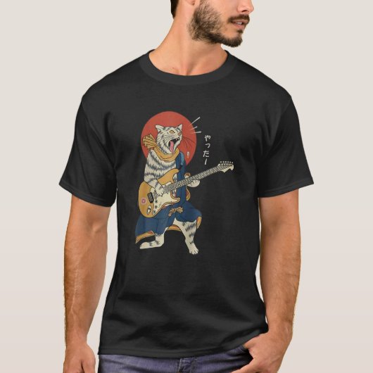 Cat Playing Guitar Ukiyo E Samurai Japanese Warrio T-shirt (Voorkant)