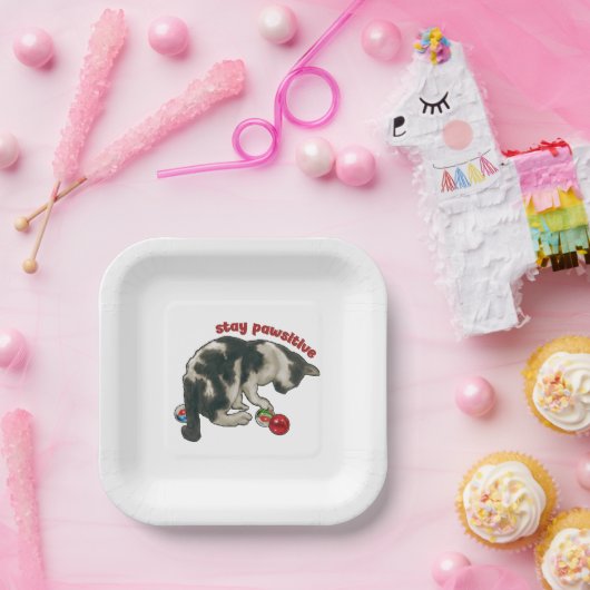 Cat Playing with MARBLES, Stay Pawsitive, Pun Papieren Bordje (Feest)