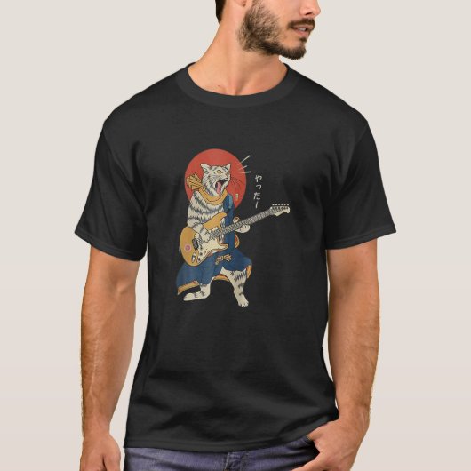Cat Plays Guitar Ukiyo E Samurai Japans Warrio T-shirt (Voorkant)