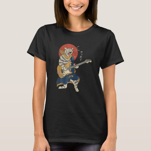 Cat Plays Guitar Ukiyo E Samurai Japans Warrio T-shirt (Voorkant)