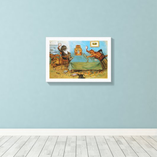 Cat Plays Table tennis, Louis Wain Canvas Afdruk (Insitu (Houten vloer))