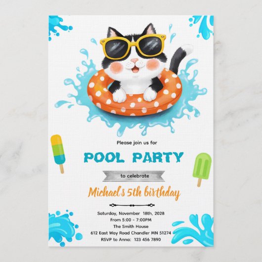 Cat pool party invitation kaart (Voorkant)