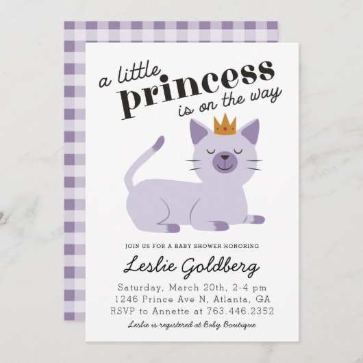 Cat Princess Baby shower Paars Kaart (Voorkant / Achterkant)