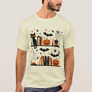 Cat Pumpkin Bat Spider Halloween Boek Kaars T-shirt