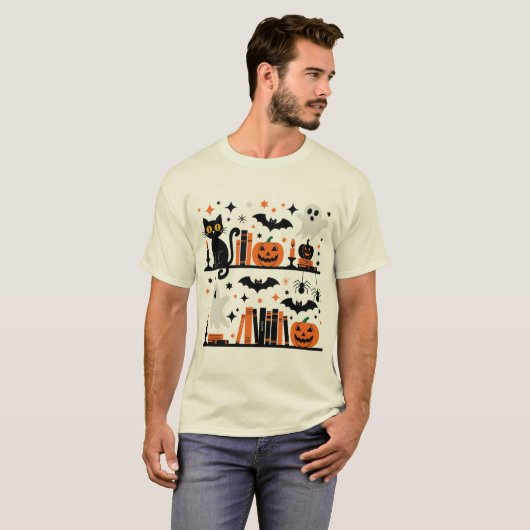Cat Pumpkin Bat Spider Halloween Boek Kaars T-shirt (Voorkant volledig)