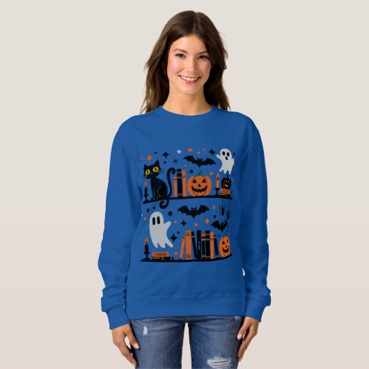 Cat Pumpkin Bat Spider Halloween Boek Kaars Trui (Voorkant volledig)