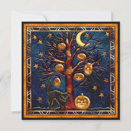 Cat & Pumpkins Halloween Jewels Party Invites Kaart (Voorkant)