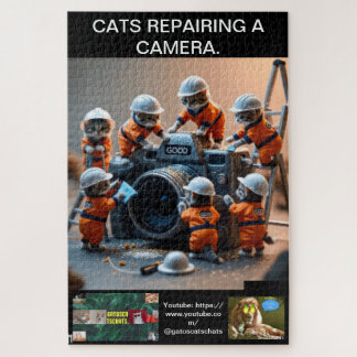 Cat puzzles, wearing uniforms, repairing a camera. legpuzzel