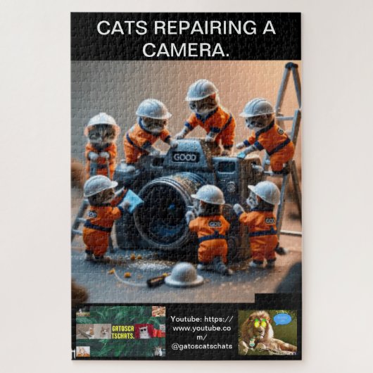 Cat puzzles, wearing uniforms, repairing a camera. legpuzzel (Verticaal)