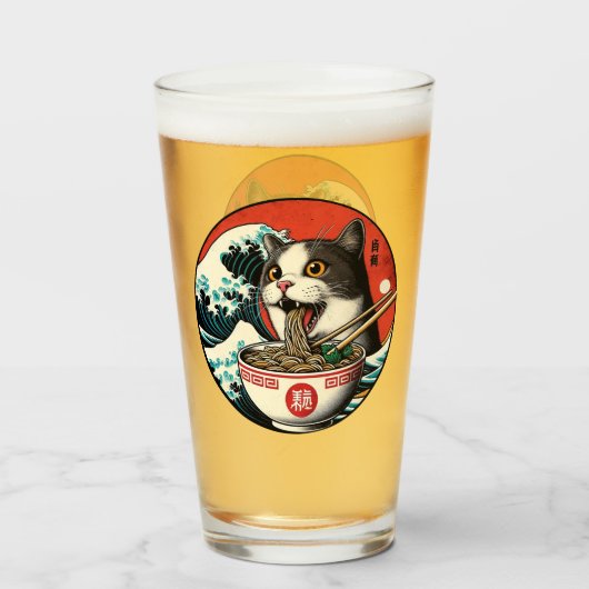 Cat Ramen Japanese Art Vintage Style Glas (Voorkant gevuld)