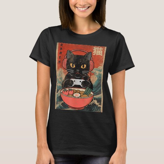 Cat Ramen Japanese Funny Graphic Kawaii Anime T-shirt (Voorkant)