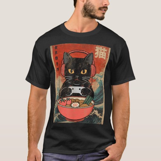 Cat Ramen Japanese Funny Graphic Kawaii Anime  T-shirt (Voorkant)