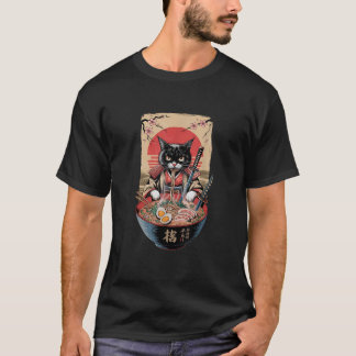Cat Ramen Japanese Funny Graphic Kawaii Samurai Ca T-shirt