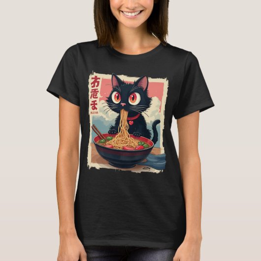 Cat Ramen Japanese Funny Graphic T - shirts Kawaii (Voorkant)
