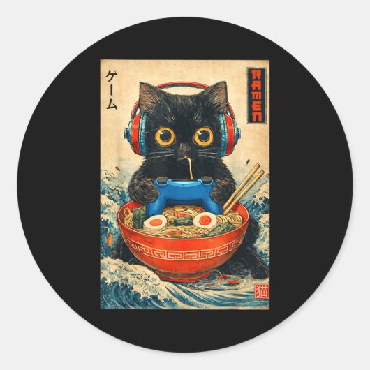 Cat Ramen Japanese Funny Graphic Tees Kawaii Cat A Ronde Sticker (Voorkant)