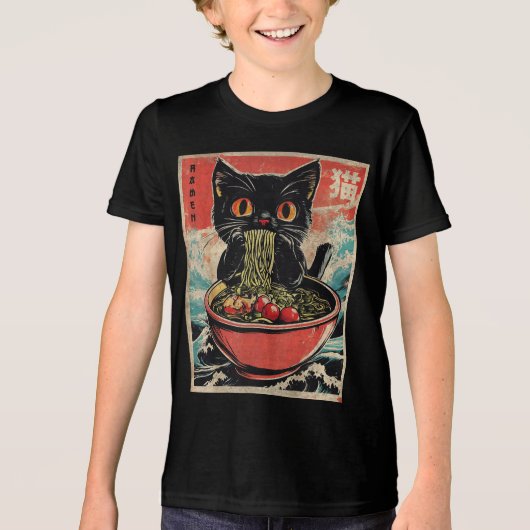 Cat Ramen Japans Grappig Grafisch Kawaii Anime Gif Tri-Blend Shirt (Voorkant)